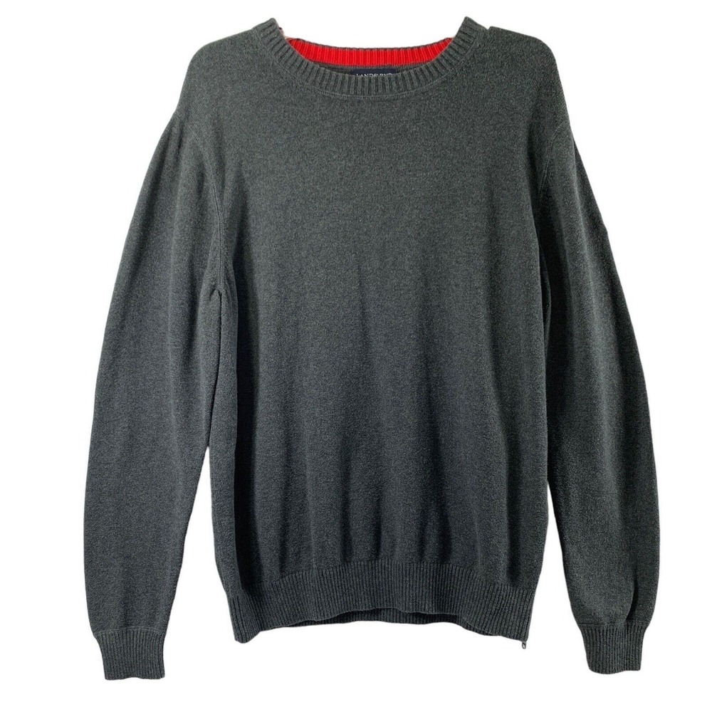 Lands'‎ End Mens Sweater Size Large Gray Pullover Patch Elbow Zip Bottom Side
